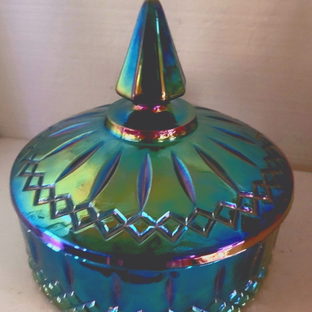 Vintage Carnival Glass Candy Dish Iridescent Blue 70's